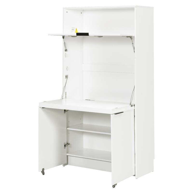 Roomfitters 69 Inch Multifunctional Kitchen Pantry Buffet with Foldable Workstation Desk - White