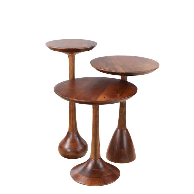 Set of 3 Round Accent Tables with Mango Wood Tops and Pedestal Bases