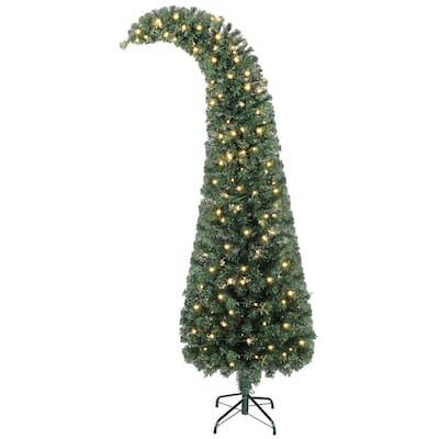 HOMCOM 6 ft Prelit Bent Top Christmas Tree, Slim High Mountain Fir Holiday Decor with 200 Warm White LEDs and with 8 Modes