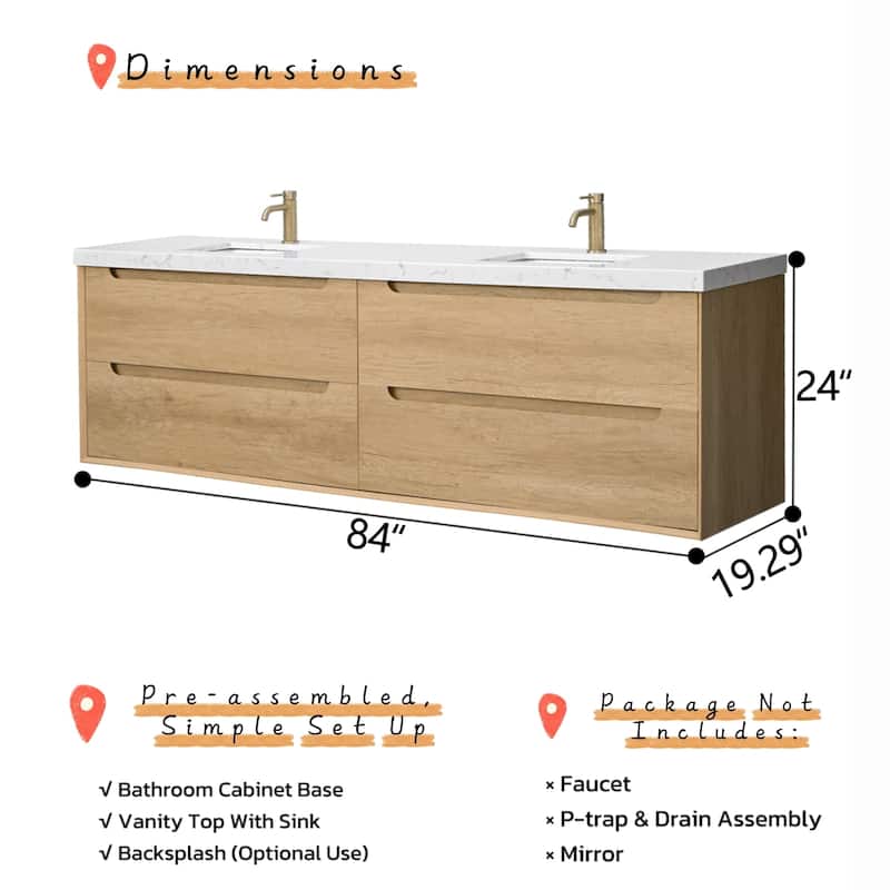 Prismis 60" 72" 84" Wall-Mount Premium Bathroom Vanity with Quartz Top