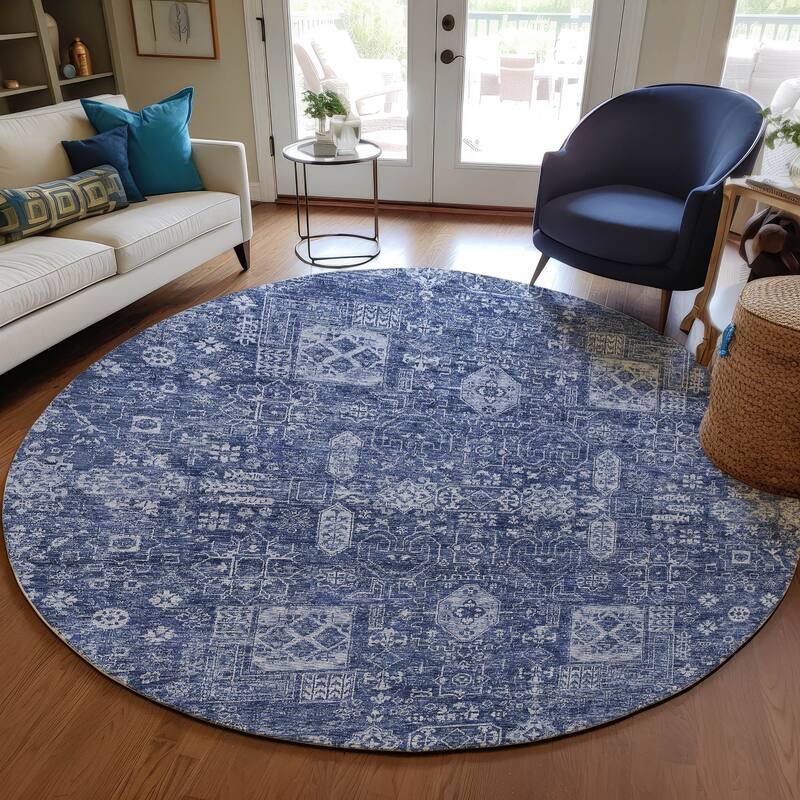 Machine Washable Indoor/ Outdoor Chantille Traditional Vintage Rug - Navy - 8' x 8'