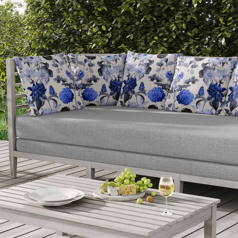 Mixed Flower Delight Indoor/Outdoor Reversible Throw Pillow White and Blue