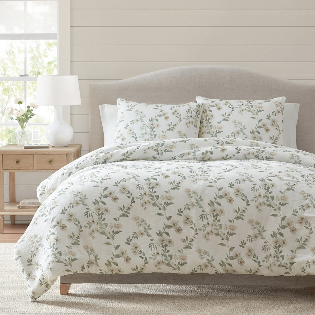 Martha Stewart Hazel Floral Beige Cotton Duvet Cover Set