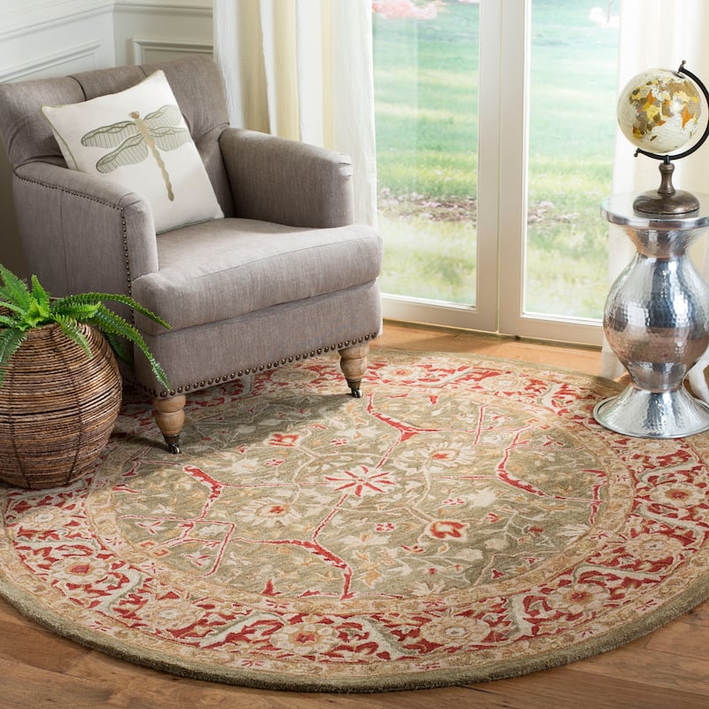 SAFAVIEH Handmade Anatolia Rejeanne Traditional Oriental Hand-spun Wool Rug - 8' Round - Green/Red