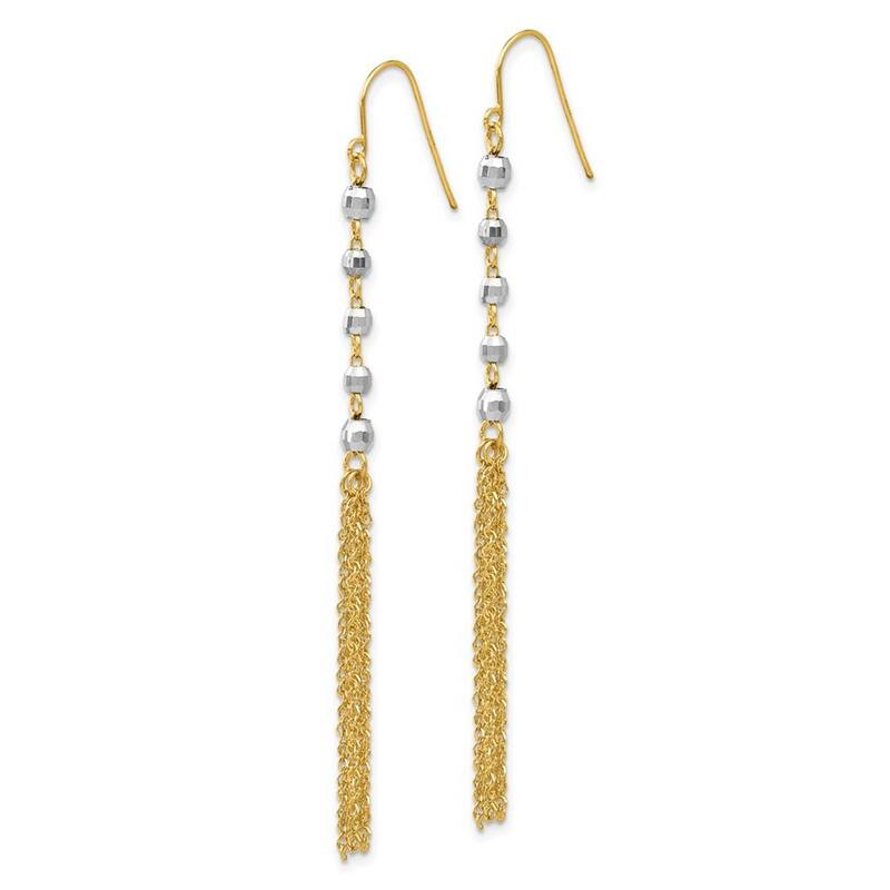 Curata Solid 14K Two-Tone Gold Tassel and Bead Long Drop Hook Earrings (5mmx70mm) - Orange