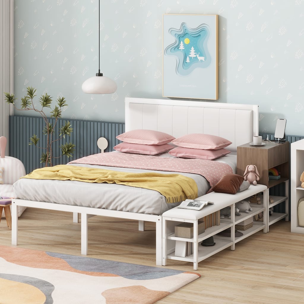 Metal Platform Bed with Two-Tier Storage Shelves, Wooden Storage Cabinet