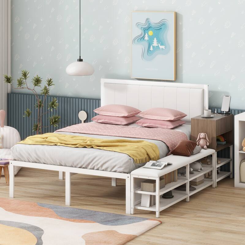 Metal Platform Bed with Two-Tier Storage Shelves and Wooden Cabinet, White - White