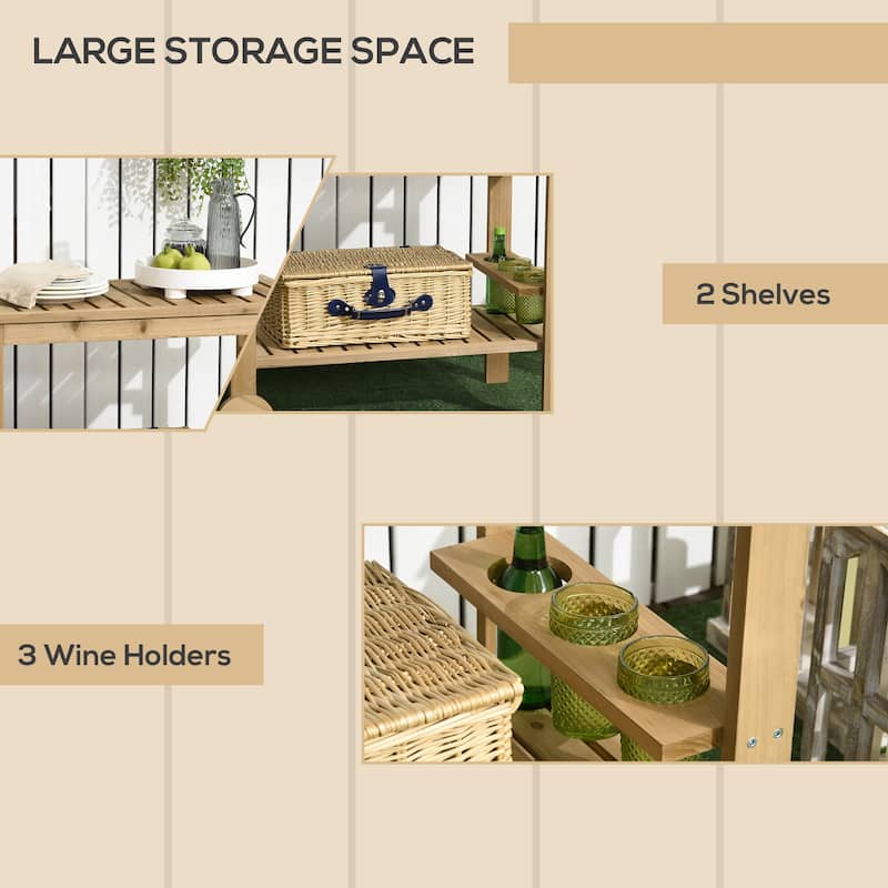 Outsunny Outdoor Bar Cart, Wood Rolling Home Bar & Serving Cart with 2 Shelves, Wine Bottle Holders for Garden
