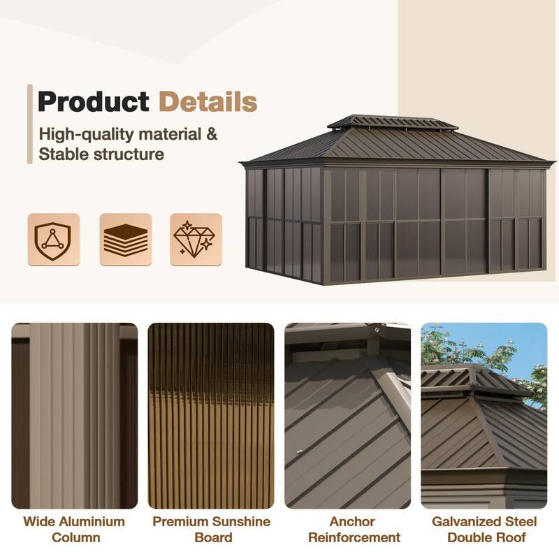 Hardtop Gazebo with Double Steel Roof, Sliding/Lockable Doors & Screens - All-Season Rustproof Aluminum Frame，Advanced Drainage