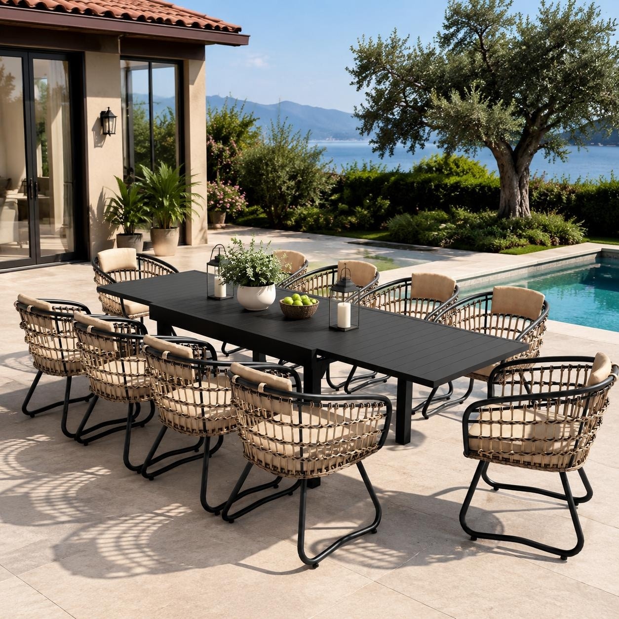 Crestlive Products Outdoor All Weather Patio Dining Set Aluminum Extendable Rectangle Table with PE Rattan Chairs