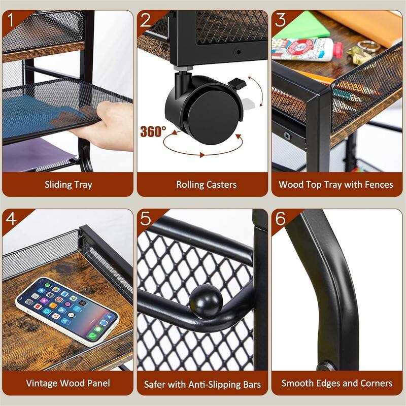 5-Tier Rolling File Cart - 11.61"D x 14.15"W x 27.87"H