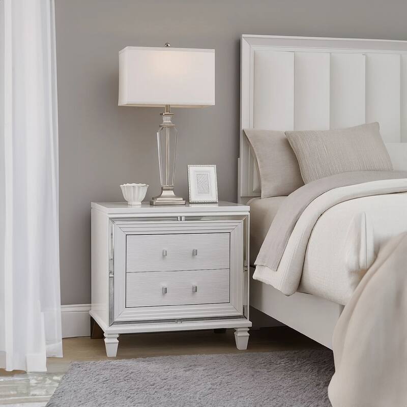 2 Drawer Wooden Nightstand with Acrylic Bar Pulls and Mirror Trim, White