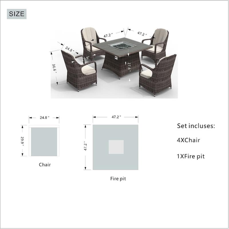 Abrihome Outdoor 5-Piece Dark Brown Wicker Dining Set with Square Rattan Gas Fire Pit Table