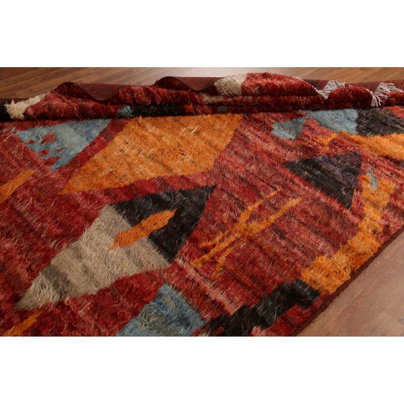 Hand Knotted Oriental 100% Wool Carpet Modern Tribal Red Moroccan Area Rug - 9' 9'' X 6' 10''