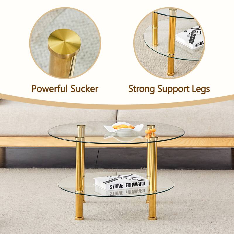 Modern Minimalist Coffee Table 2 Tier Coffee Table with Cylindrical Gold Plated Iron Pipe and Anti-slip Mat, for Living Room