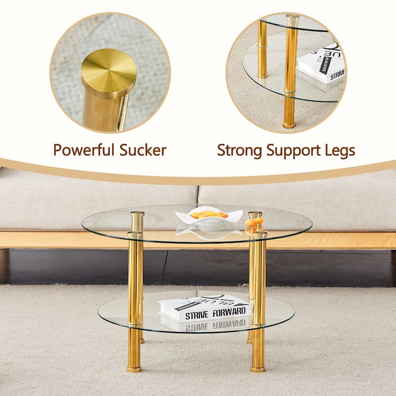Roomfitters Double Layer Glass Coffee Table with Gold Legs, 27.5" Top and 23.6" Bottom, Modern Minimalist Design