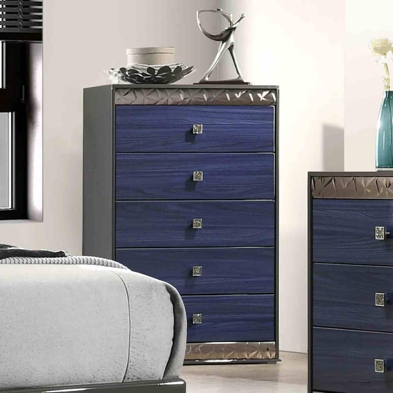 Glam Ash Gray and Indigo Blue Bedroom Furniture Set with Geo Chrome Molding