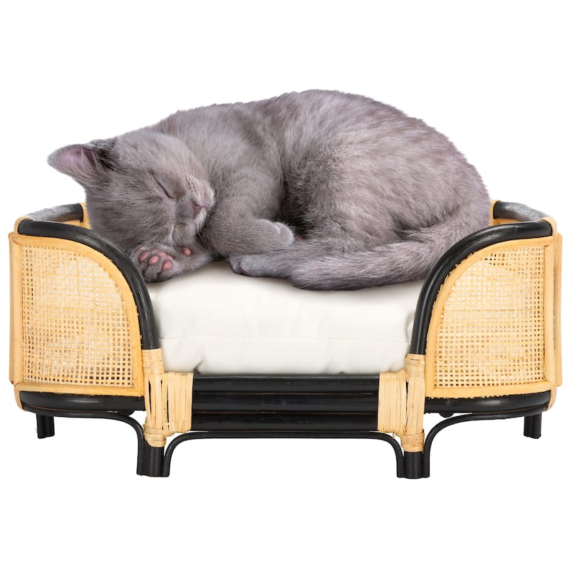 SAFAVIEH Home Timo 23.6W x 15.7D x 10.6H-inch Beige/Natural/Black Rattan Pet Bed with Cushion - 23.6"W x 15.7"D x 10.6"H