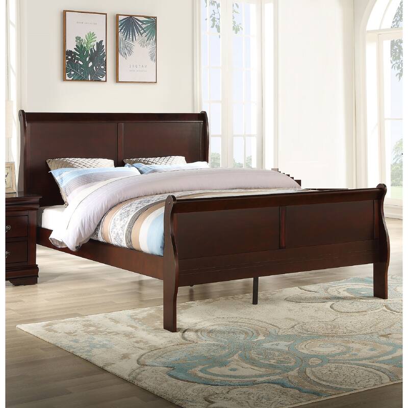 Brown Cherry Finish Queen Size Panel Sleigh Bed Solid Wood Furniture - Cherry