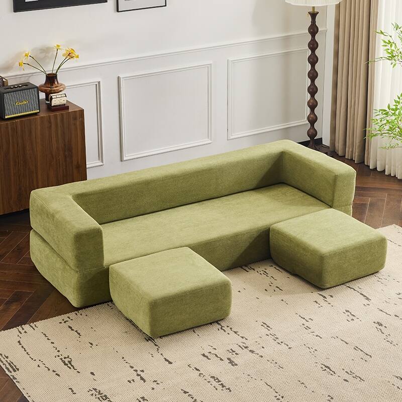 Convertible Sectional Sofa With 3 Storage Ottomans - High-Resilience Foam Sleeper, Space-Saving Chenille Floor Sofa