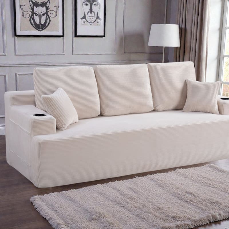 87 Inch 3 Seater Sofa Couch, Deep Seat Corduroy Living Room Sofa with Cup Holders and Side Pockets