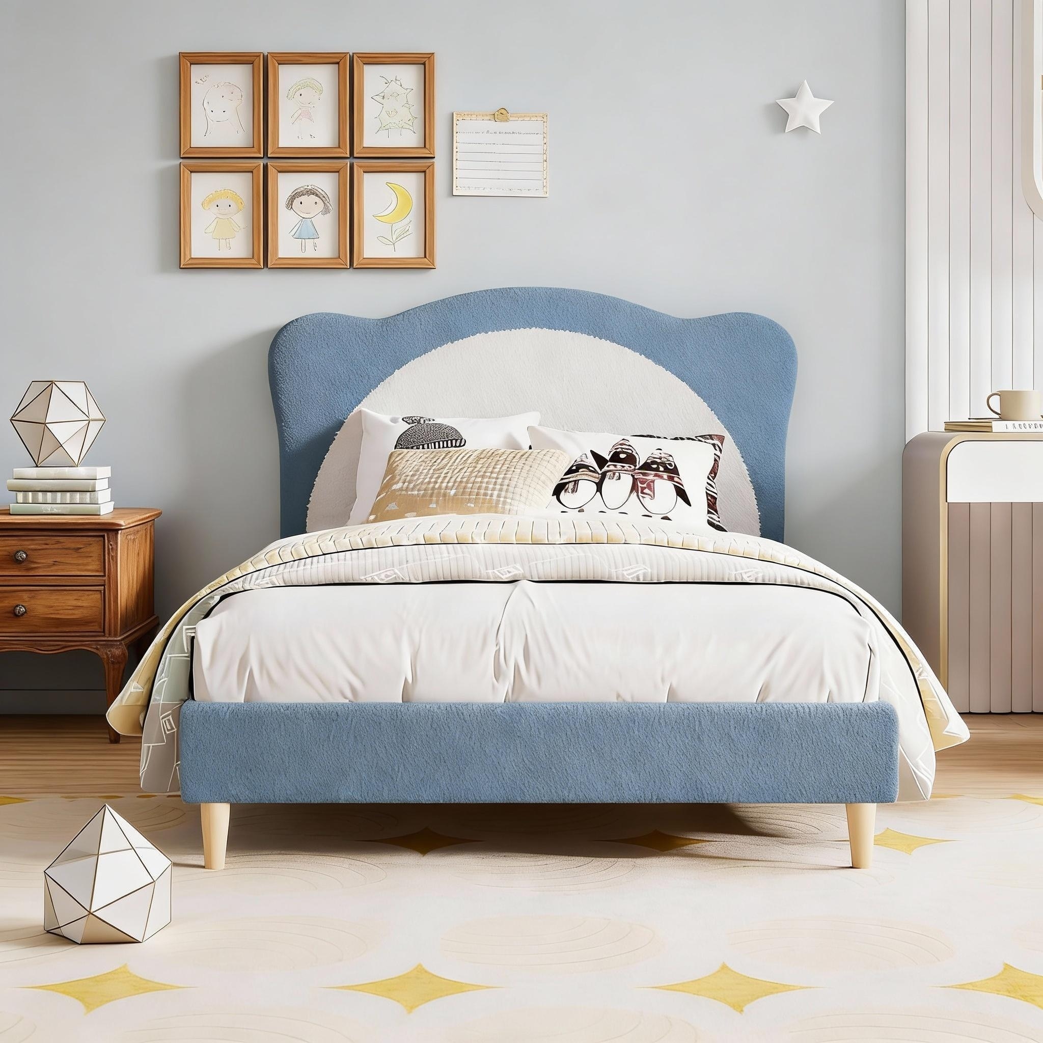 Upholstered Bed Frame, with Panda-Shaped Headboard
