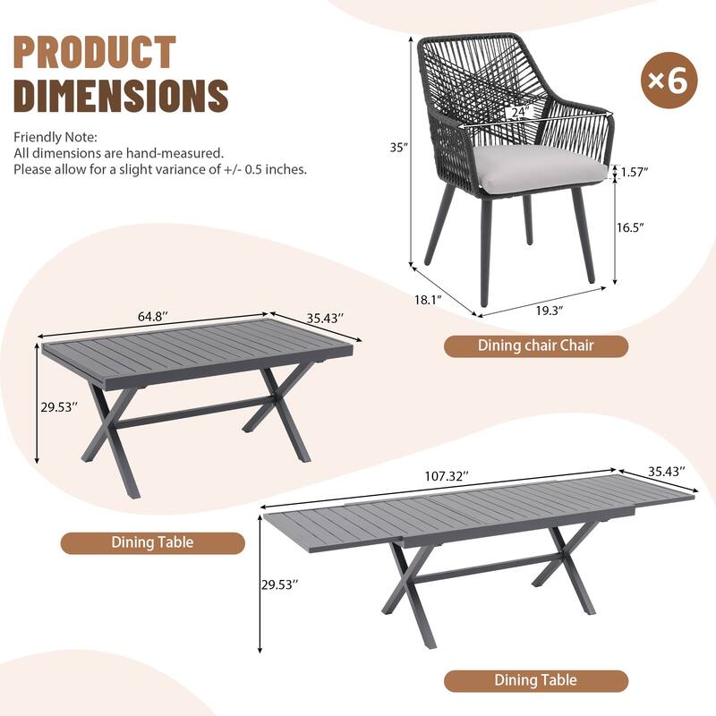 Expandable Aluminum Outdoor Dining Set with 6 Woven Rattan Chairs