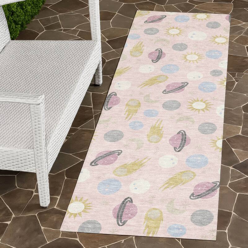 Machine Washable Indoor/ Outdoor Planets Comets Chantille Rug - Pink - 2'3" x 7'6"