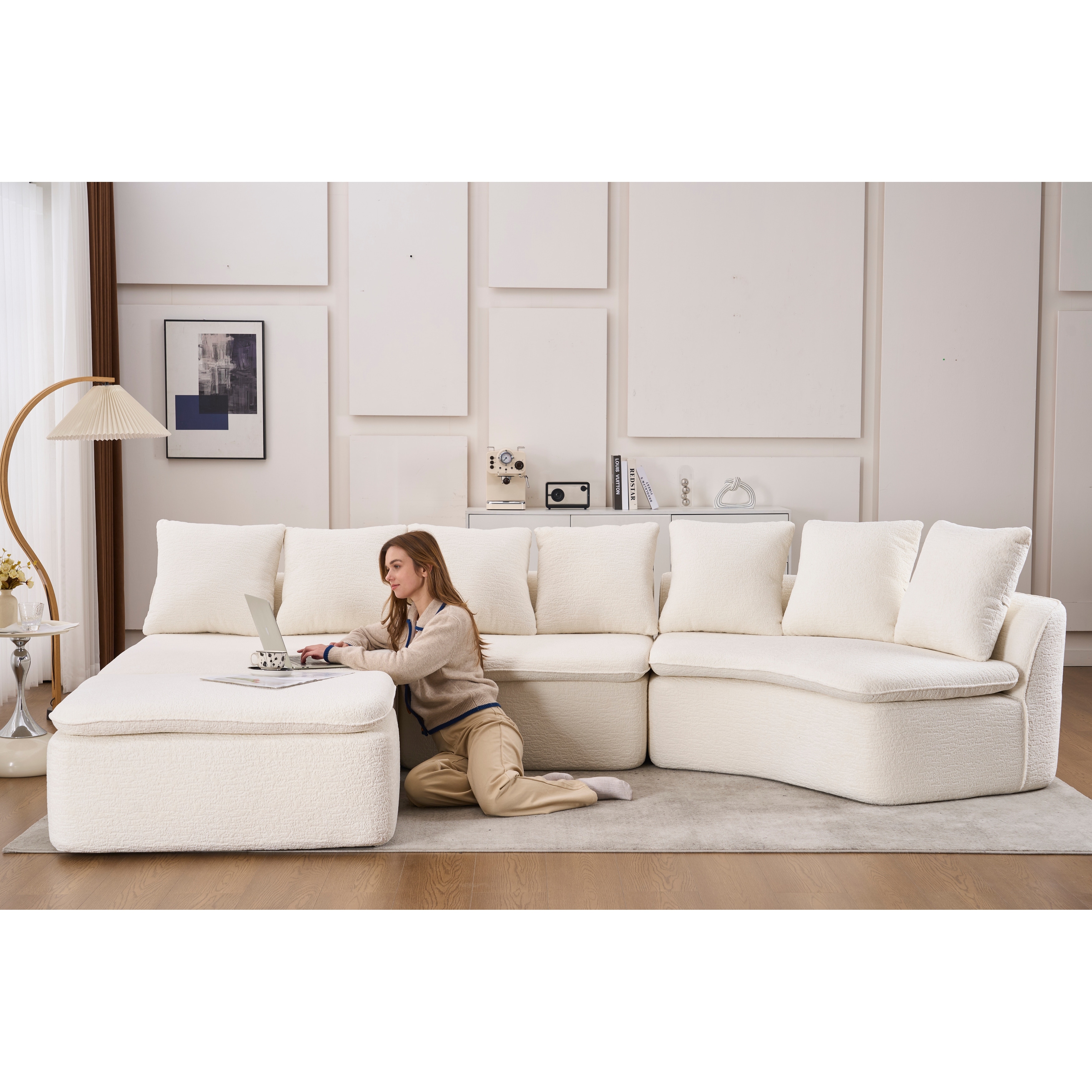 133'' Modular U-Shaped Sectional Compression Sofa with Removable Recliner Module Woodgrain Chenille Boneless