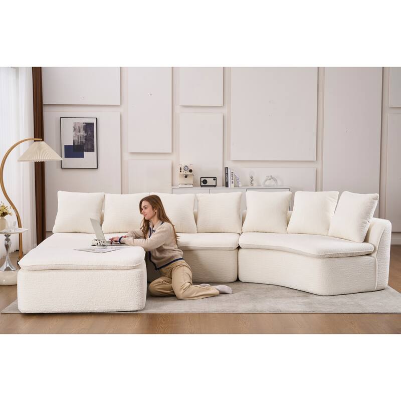 U-Shaped Modular Sectional Sofa with Ottoman, Woodgrain Chenille Deep Seat Boneless Couch, Compression Sofa with Pillows