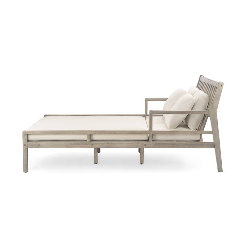 Anmytek Acacia Wood Patio Daybed with Four Pillows and Curved Armrests Outdoor Lounge Bed