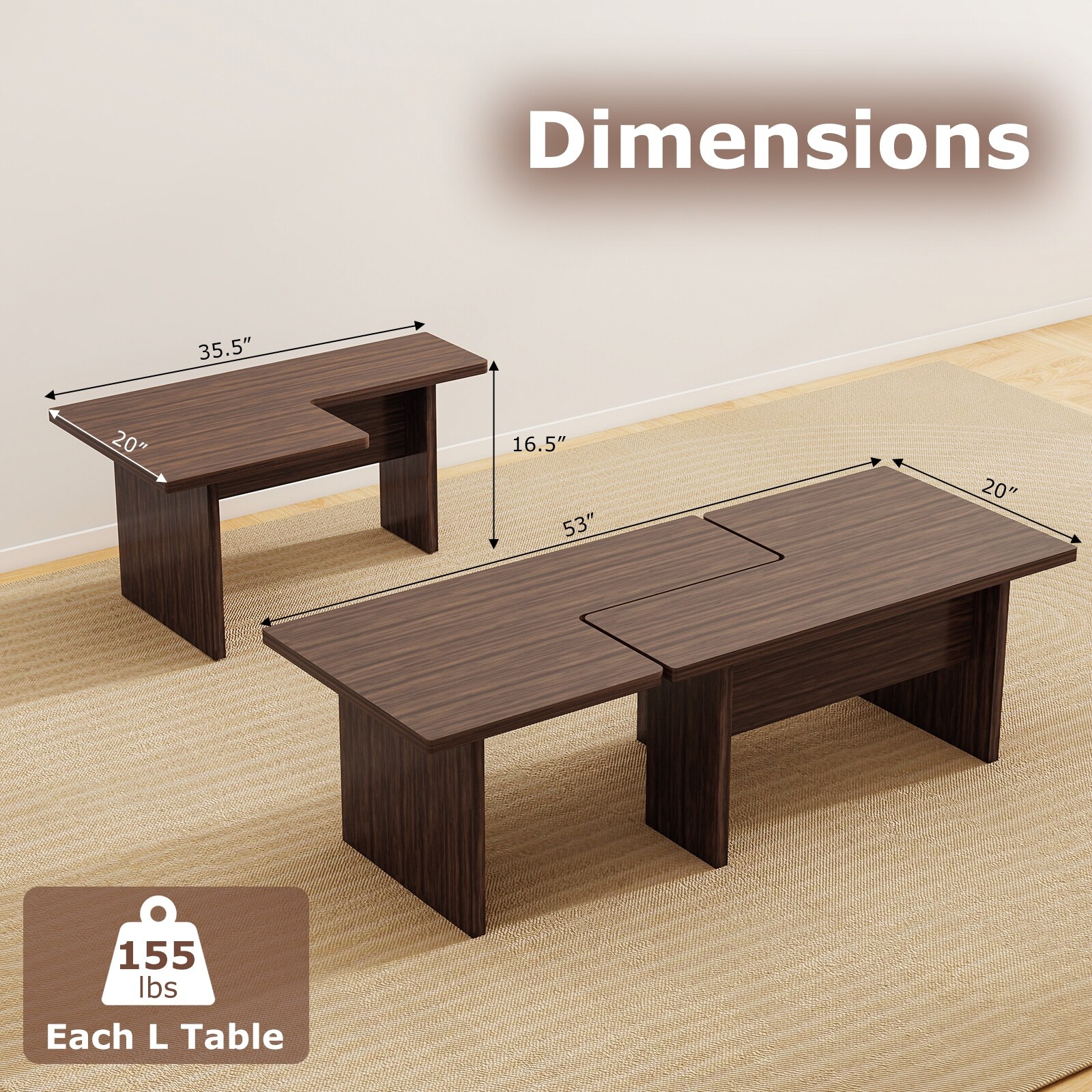 Gymax Modular Coffee Table Set of 2 L Shaped Center Tables for