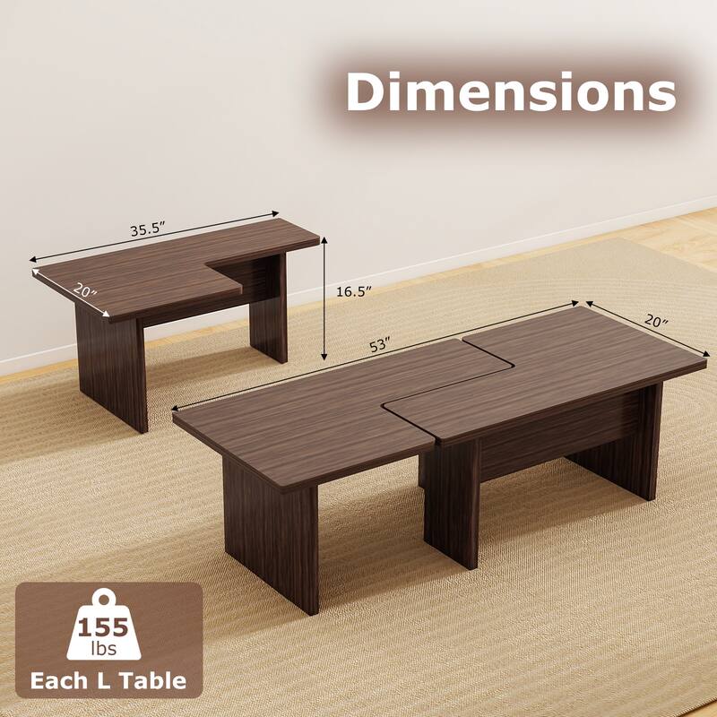 Modular Coffee Table Set of 2 L Shaped Nesting Tables Convertible Center Table for Living Room or Office - 35.5" x 20" x 16.5"