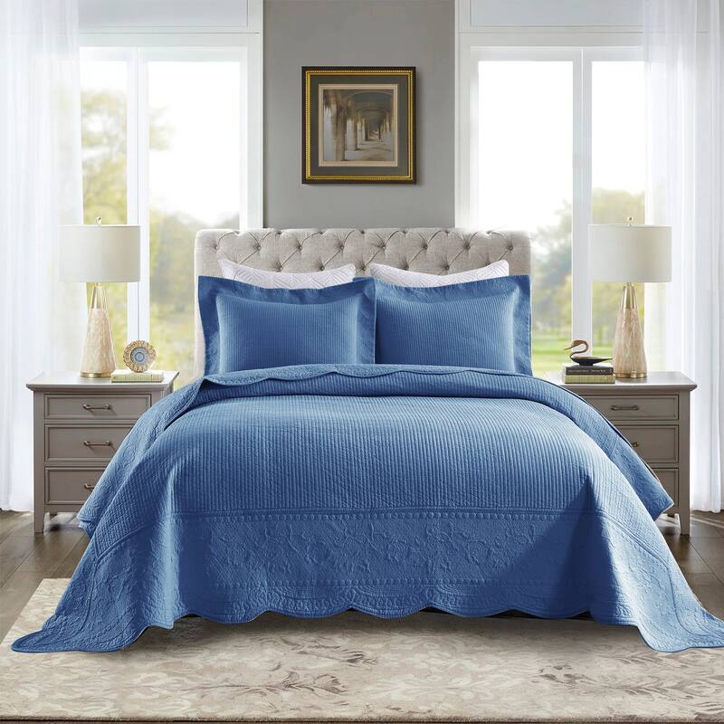 MarCielo 3 Piece Embroidered 100% Cotton Oversized Quilt Bedspread Set TG - Midtone Blue - King