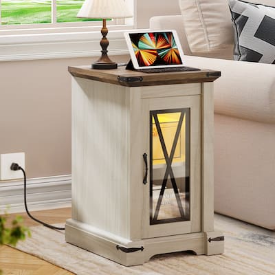 Moasis Farmhouse LED Light End Table with Charging Station, Chairside Sofa Side Table with Storage