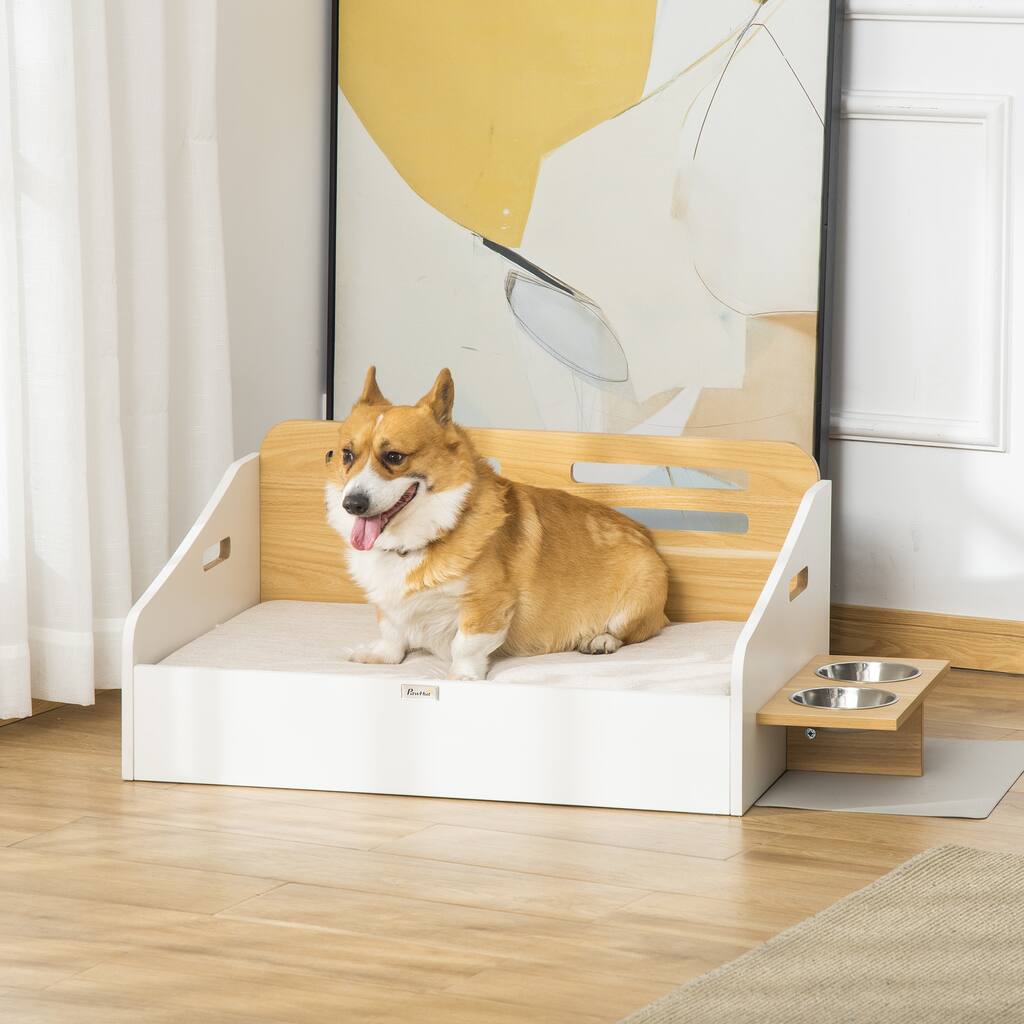 PawHut Modern Dog Bed Frame, Furniture Style Pet Sofa, Cat Couch, with Soft Cushion, Washable Cover, 2 Feeding Bowls, Handles
