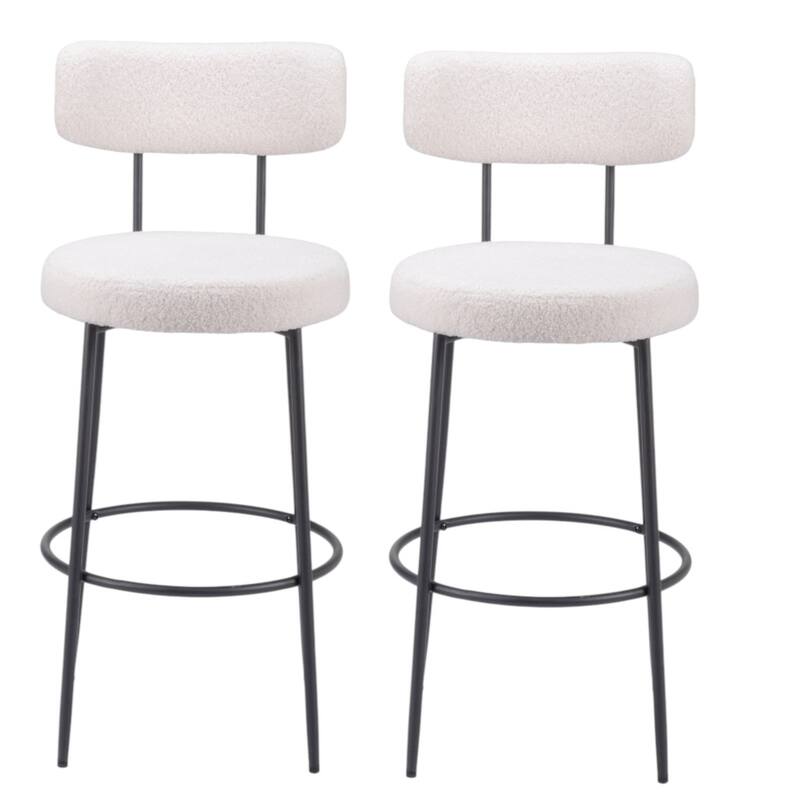 Set of Two 29" Ivory And Black Shearling And Steel Low Back Bar Height Bar Chairs