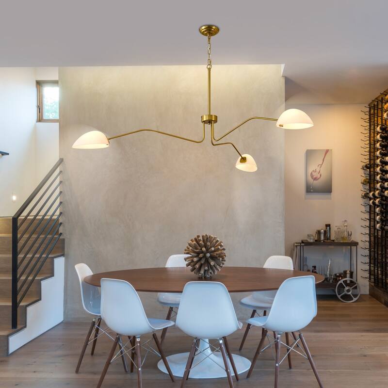 3-Arm Mid-Century Brass Chandelier Adjustable Farmhouse Pendant Light with Milky Glass Shades for Dining Rooms