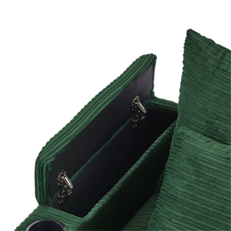 41.7" Modern Green Corduroy Sofa with Storage, Ottoman, USB Ports, Cup Holders & Phone Holder