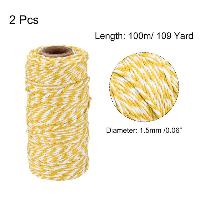 2x Twine Packing String Wrapping Cotton Twine Rope 100M for Christmas - Yellow,White