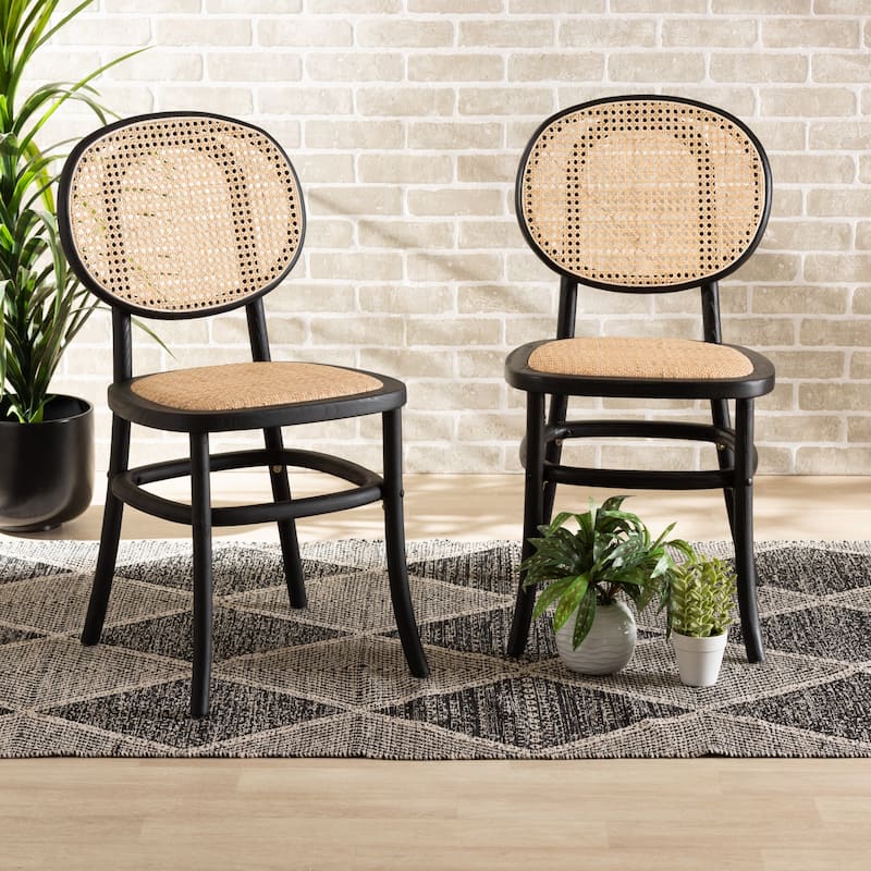 Garold Mid-Century Modern Woven Rattan and Wood Dining Chair Set(2PC)