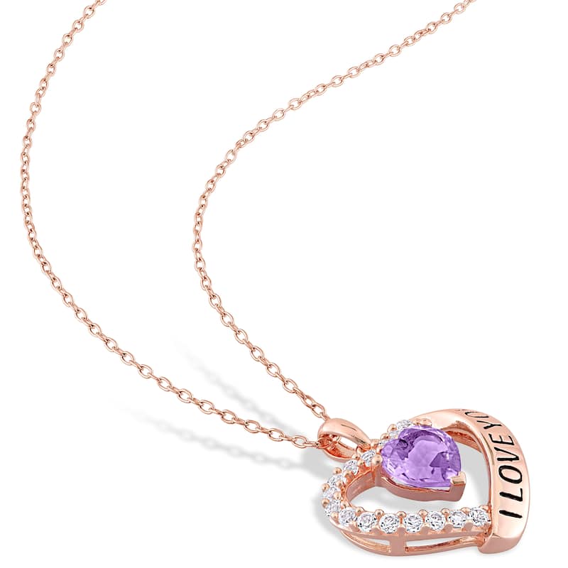 Miadora Amethyst & White Topaz "I Love You" Heart Earrings & Necklace in Rose Plated Sterling Silver