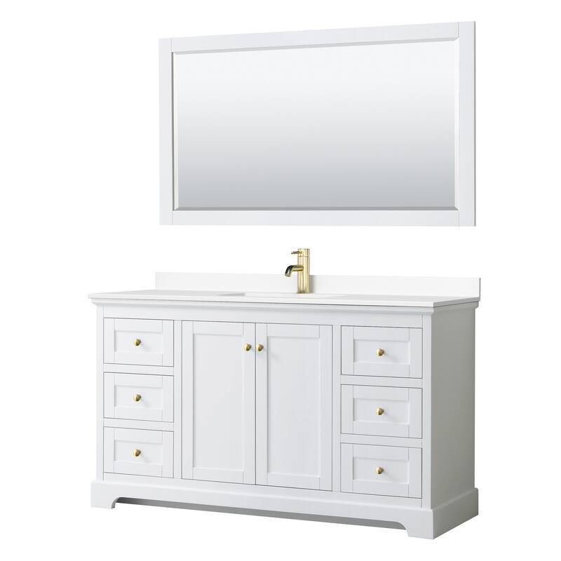 Avery 60 Inch Single Vanity, Cultured Marble Top, 58 Inch Mirror - White, Gold Trim, White Cultured Marble Top