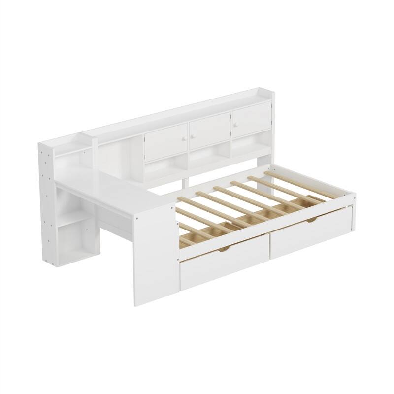 Wooden Daybed with 2 Storage Drawers and Study Desk, Twin/Full Size Daybed Frame Sofa Bed with Storage Shelves and Cabinets