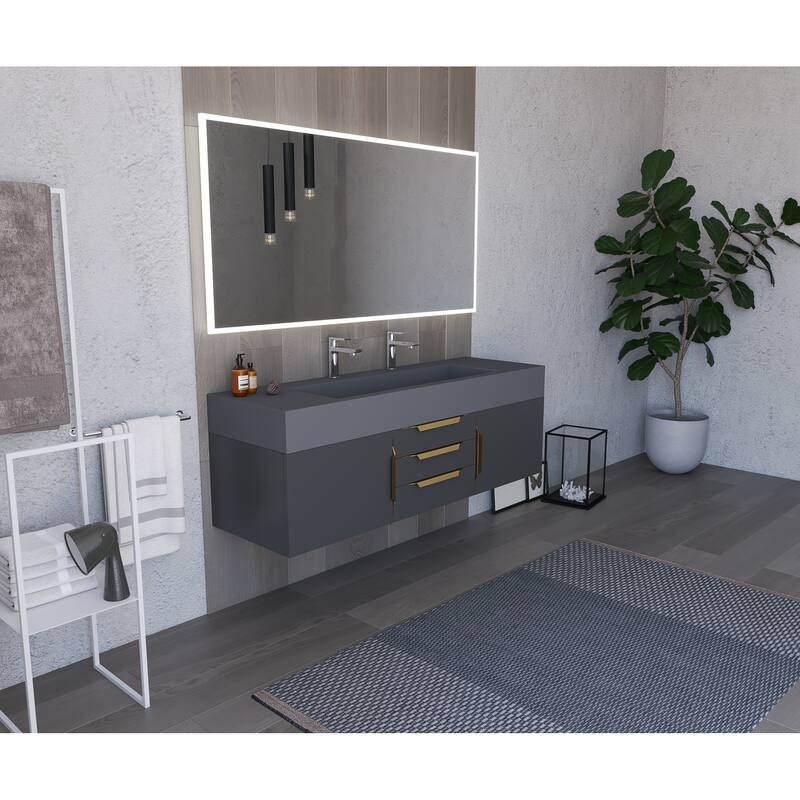 Nile 60" Wall Mounted Bathroom Vanity Set with Gray Solid Surface Top