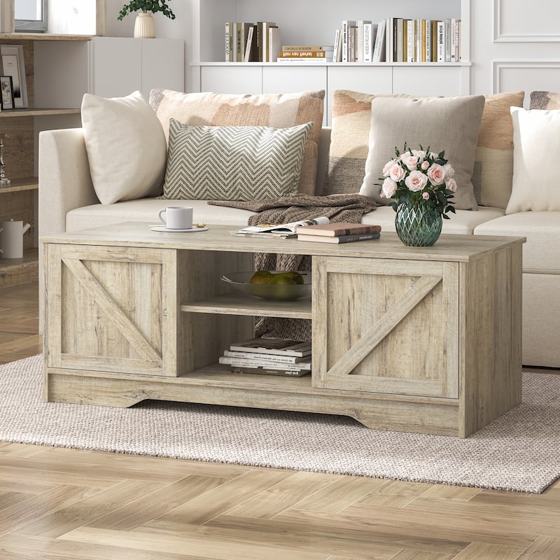 47" Rustic Farmhouse Coffee Table with Storage & Sliding Doors