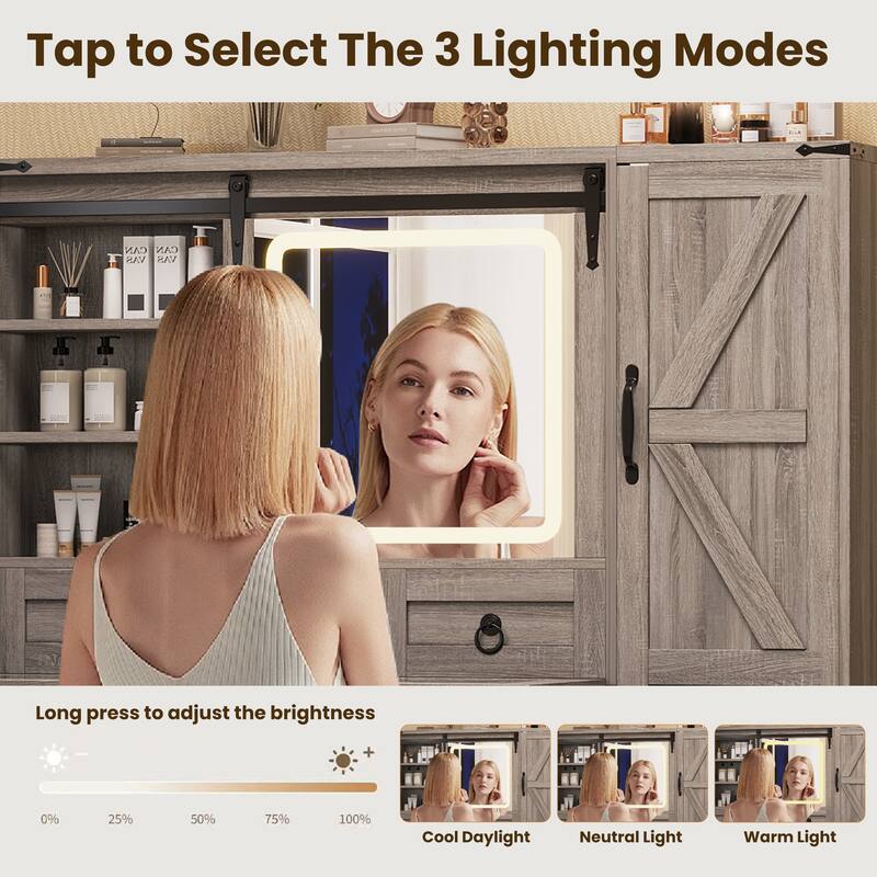 2-Piece Bedroom Makeup Vanity Set with Stool, Farmhouse Glass Top Vanity Desk with Sliding Mirror, Lights and Charging Station