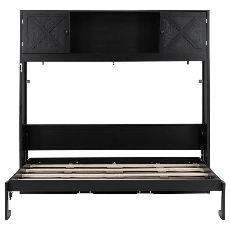 Full Size Murphy Bed Wall Bed with Storage Cabinets, Foldable Space Saving Murphy Cabinet Bed with Open Storage & Slats Support