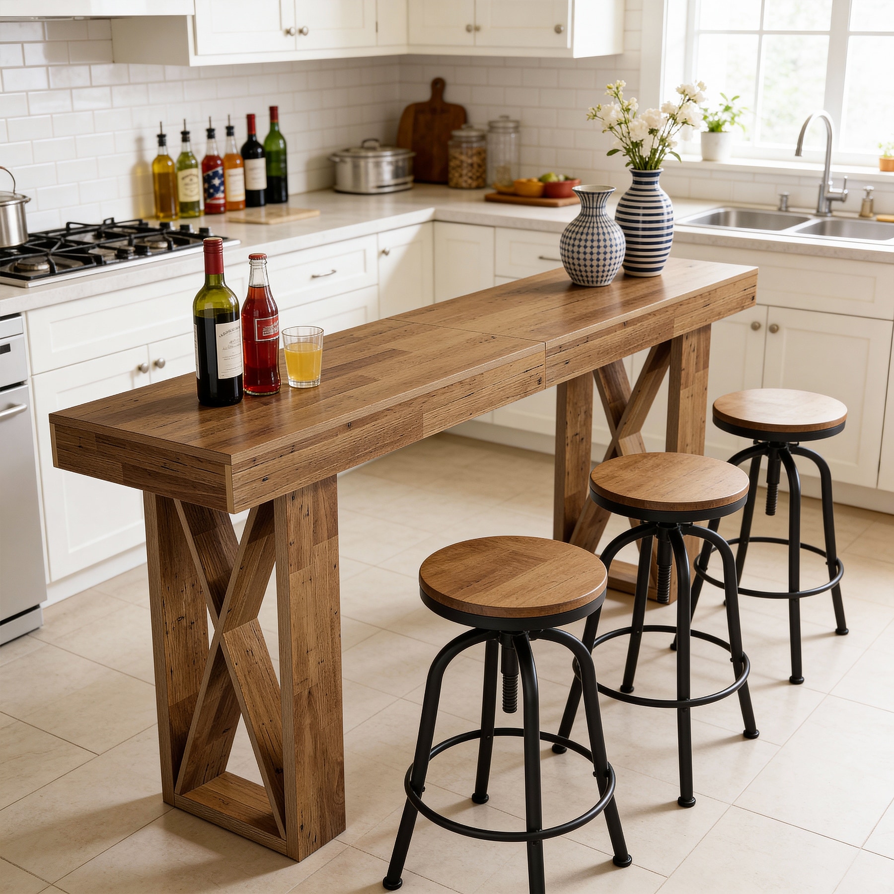 63-inch Long Rectangular Bar Height Table with Wooden X-Shaped Frame