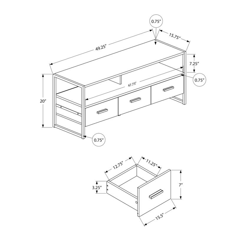 Modern 48" TV Stand, Industrial Design with 3 Storage Drawers & Open Shelves, Black Metal Frame